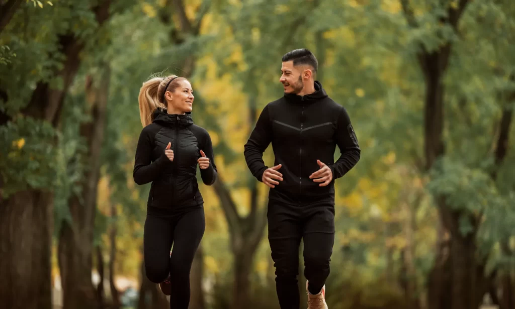 couple jogging through park wearing black athletic utc